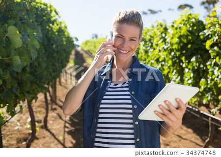 Female vintner using digital tablet while talking on mobile phone Female vintner using digital tablet while talking on mobile phone 34374748