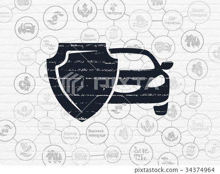Insurance concept: Car And Shield on wall Insurance concept: Car And Shield on wall 34374964