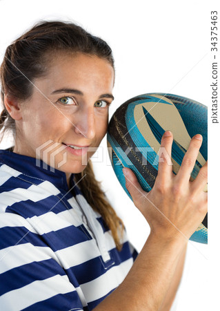 Close up portrait of woman female player with rugby ball 34375463