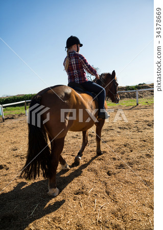 Girl riding a horse in the ranch Girl riding a horse in the ranch 34378669