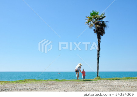 Mom and son stand against tall palm tree, sea Mom and son stand against tall palm tree, sea 34384309