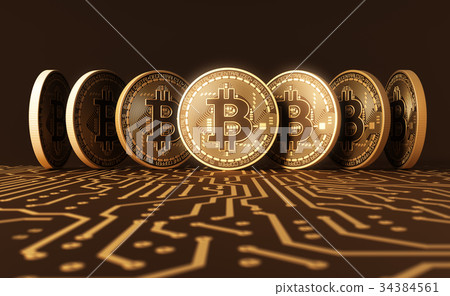 Seven Virtual Coins Bitcoins On Printed Circuit 34384561