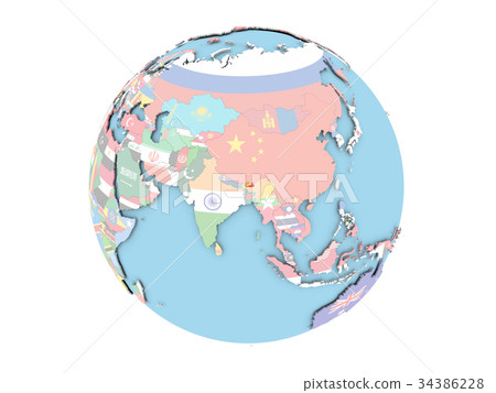 Bhutan on globe isolated 34386228