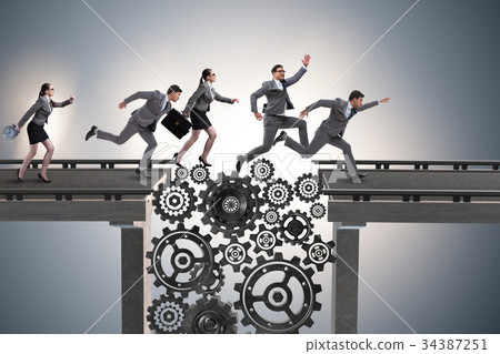 Business people crossing the bridge with cogwheels Business people crossing the bridge with cogwheels 34387251