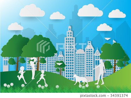 Paper art of people and pets on green background 34391374