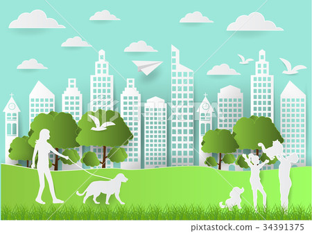 Paper art of people and pets on green background Paper art of people and pets on green background 34391375