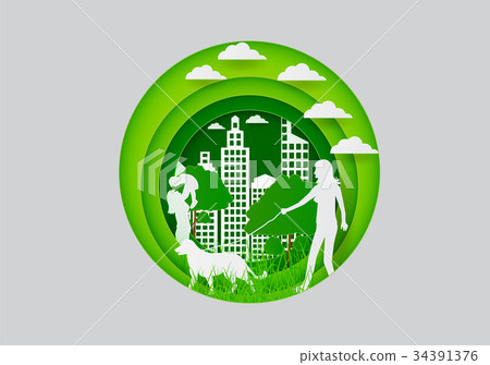 Paper carve to people and town on green, Paper carve to people and town on green, 34391376