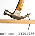 A claw hammer removing a nail 34391586