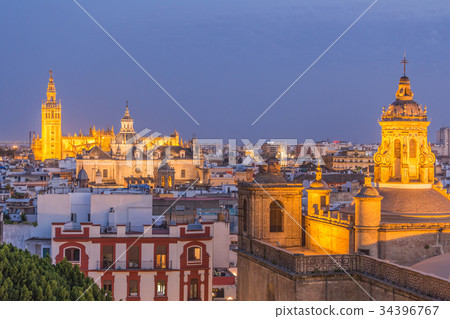 Aerial view of seville city skyline at dusk,Spain Aerial view of seville city skyline at dusk,Spain 34396767