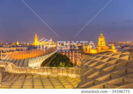 Aerial view of seville city skyline at dusk,Spain Aerial view of seville city skyline at dusk,Spain 34396773