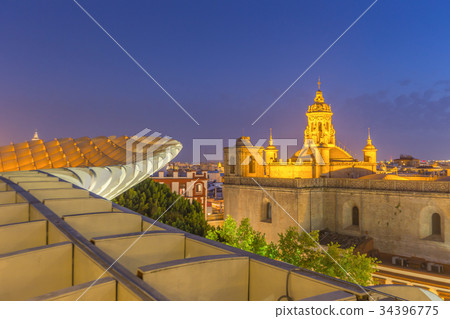 Aerial view of seville city skyline at dusk,Spain Aerial view of seville city skyline at dusk,Spain 34396775