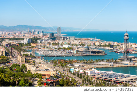 Aeria view of barcelona city and beach ,Spain Aeria view of barcelona city and beach ,Spain 34397352