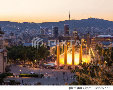 barcelona city from monjuic at dusk time,Spain barcelona city from monjuic at dusk time,Spain 34397368
