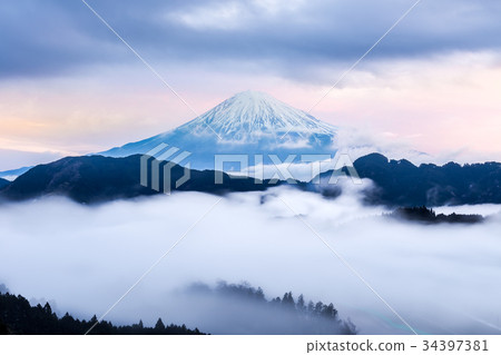 Mountain fuji with mist during dusk time,Japan Mountain fuji with mist during dusk time,Japan 34397381