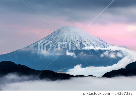 Mountain fuji with mist during dusk time,Japan Mountain fuji with mist during dusk time,Japan 34397382