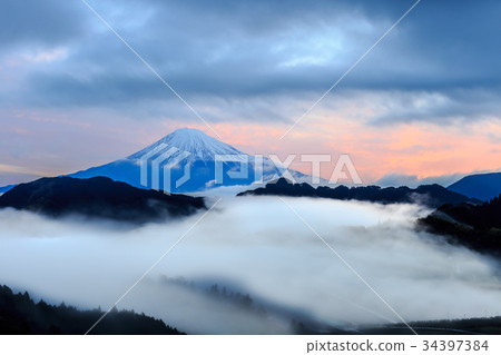 Mountain fuji with mist during dusk time,Japan 34397384