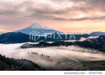 Mountain fuji with mist during dusk time,Japan Mountain fuji with mist during dusk time,Japan 34397392