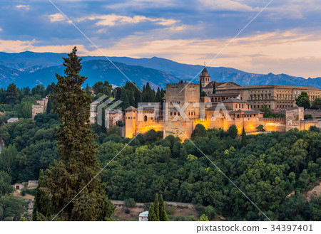 Alhambra of granada during sunset time,Spain Alhambra of granada during sunset time,Spain 34397401