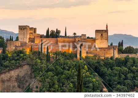 Alhambra of granada during sunset time,Spain Alhambra of granada during sunset time,Spain 34397402