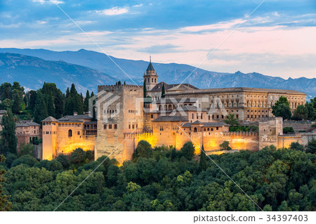 Alhambra of granada during sunset time,Spain Alhambra of granada during sunset time,Spain 34397403