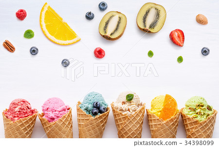 Various of ice cream flavor in cones . Various of ice cream flavor in cones . 34398099