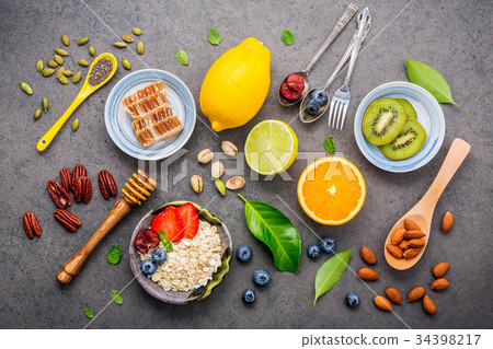 Ingredients for the healthy foods background . 34398217