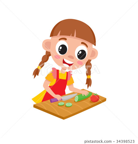 Little girl cooking, cutting cucumber for salad Little girl cooking, cutting cucumber for salad 34398523