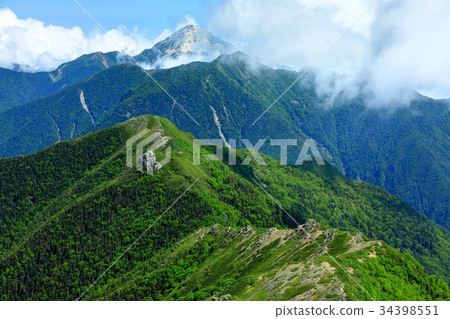 從南阿爾卑斯山和Kitadake Pass線看到的Mt. Kotaro和Clouds Kaikomagatake 從南阿爾卑斯山和Kitadake Pass線看到的Mt. Kotaro和Clouds Kaikomagatake 34398551