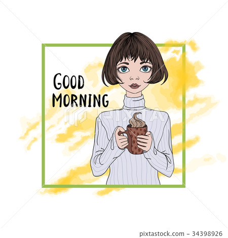 Young cute girl drinking coffee. Vector Young cute girl drinking coffee. Vector 34398926