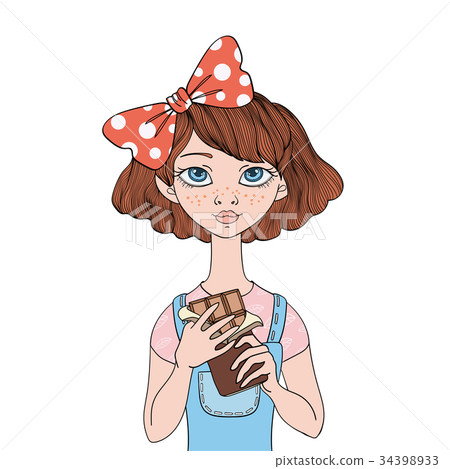 Young girl holding a chocolate bar. Sweet tooth Young girl holding a chocolate bar. Sweet tooth 34398933
