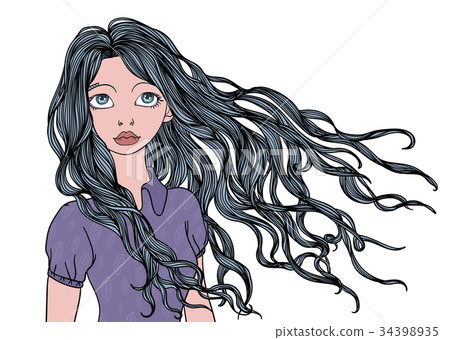 A young girl with long waving in the wind hair A young girl with long waving in the wind hair 34398935