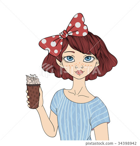 A young girl holding a Cup of coffee. Vector 34398942