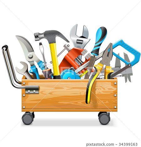 Vector Wooden Toolbox Trolley with Tools Vector Wooden Toolbox Trolley with Tools 34399163