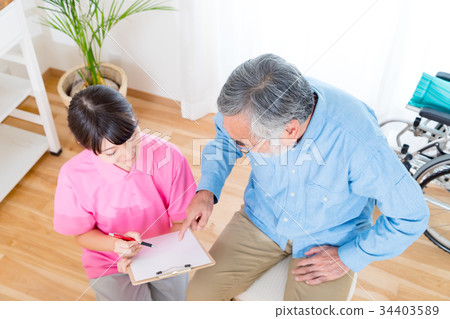 Health Check Questionnaire Young Nurse and Grandpa Retirement Home Day Care Center Wheelchair 34403589