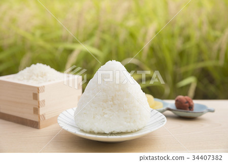米飯糰和米領域收穫圖像 米飯糰和米領域收穫圖像 34407382
