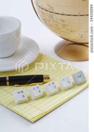 Keyboard, notebook, coffee cup, globe, fountain pen Keyboard, notebook, coffee cup, globe, fountain pen 34409994