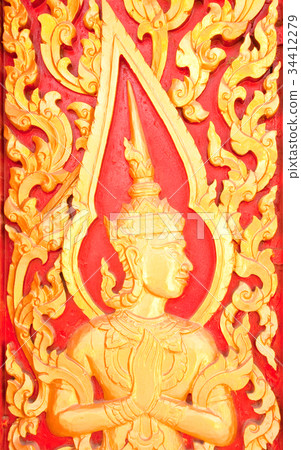 Golden Wood Carving Close UpTraditional Thai Style Golden Wood Carving Close UpTraditional Thai Style 34412279