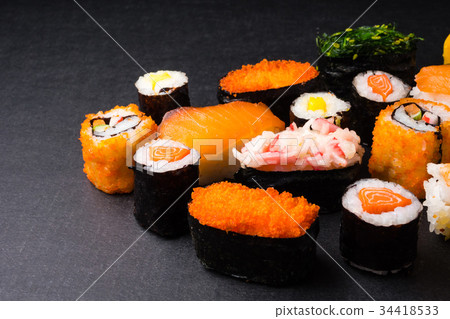 Sushi set on black background, Japanese food. 34418533