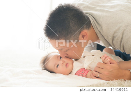 Daddy kissing on baby's cheek Daddy kissing on baby's cheek 34419911