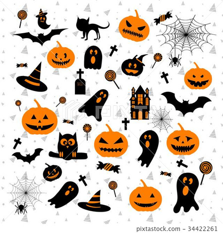 Happy Halloween with ghost pumpkin, castle, bat Happy Halloween with ghost pumpkin, castle, bat 34422261