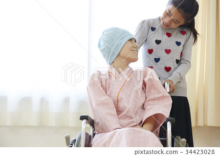 Fighting disease life Mother and primary school daughter on wheelchair Fighting disease life Mother and primary school daughter on wheelchair 34423028