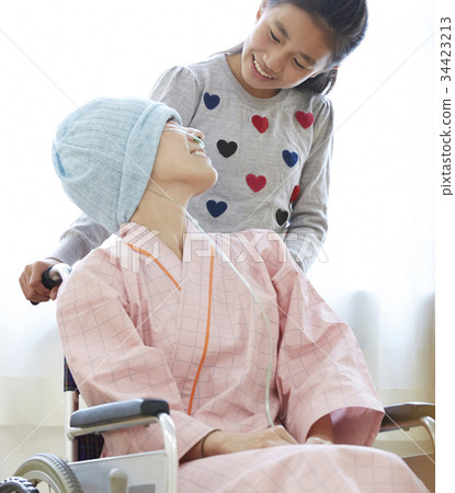 Fighting disease life Mother and primary school daughter on wheelchair 34423213