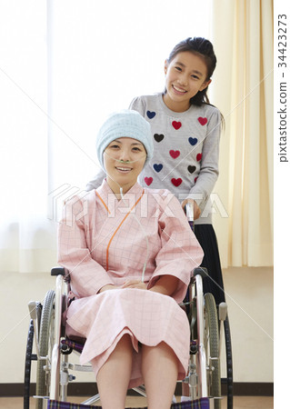 Fighting disease life Mother and primary school daughter on wheelchair Fighting disease life Mother and primary school daughter on wheelchair 34423273