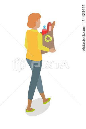 Woman with Paper Bag Buying Daily Products Vector 34425665