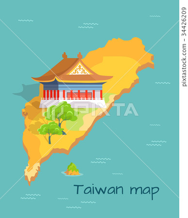 Cartoon Taiwan Map with Traditional Asian Building Cartoon Taiwan Map with Traditional Asian Building 34426209