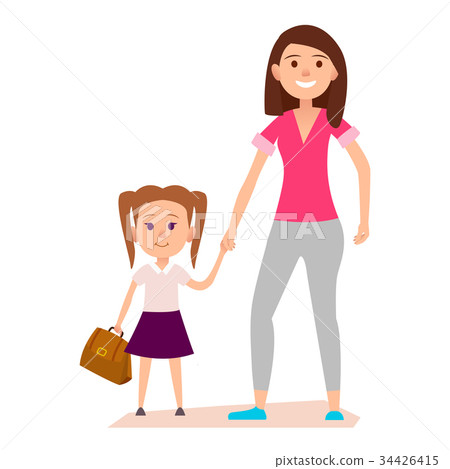 Little Girl with Brown Schoolbag Keeps Mom's Hand Little Girl with Brown Schoolbag Keeps Mom's Hand 34426415