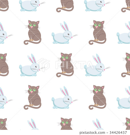 Cute Rabbits and Cat Flat Vector Seamless Pattern 34426437