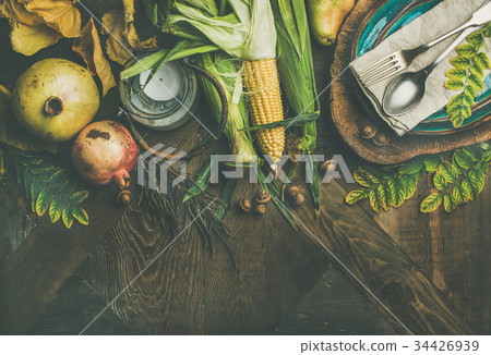 Flat-lay Fall table setting for Thanksgiving 34426939