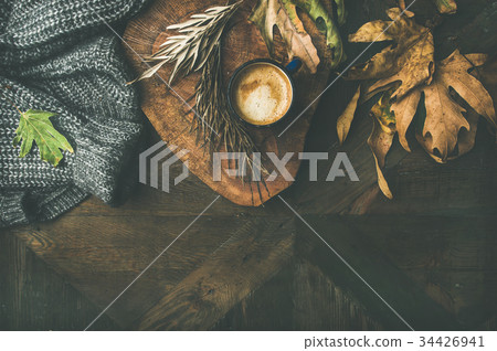 Flat-lay of Autumn or Fall motning coffee with 34426941