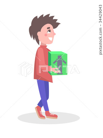 Boy Buying Robot Toy in Store Flat Vector Icon 34429043